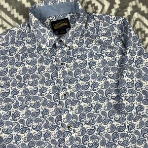 Cremieux Premium Denim Shirt Mens L White Blue Paisley Print Button Short Sleeve